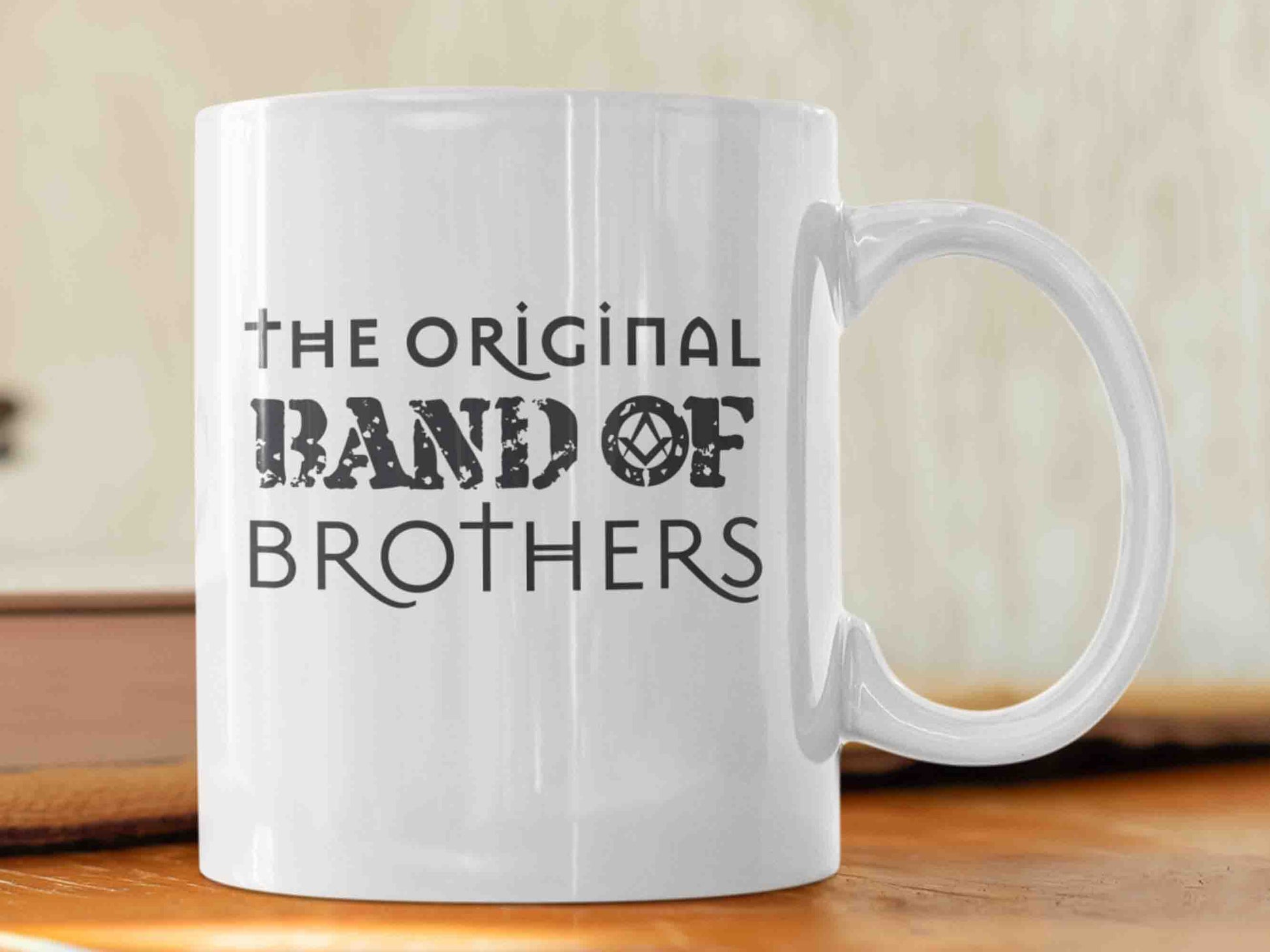 Band of Brothers Masonic mug with square and compass design, a perfect gift for Freemasons to reflect on the principles of the brotherhood while enjoying their morning coffee