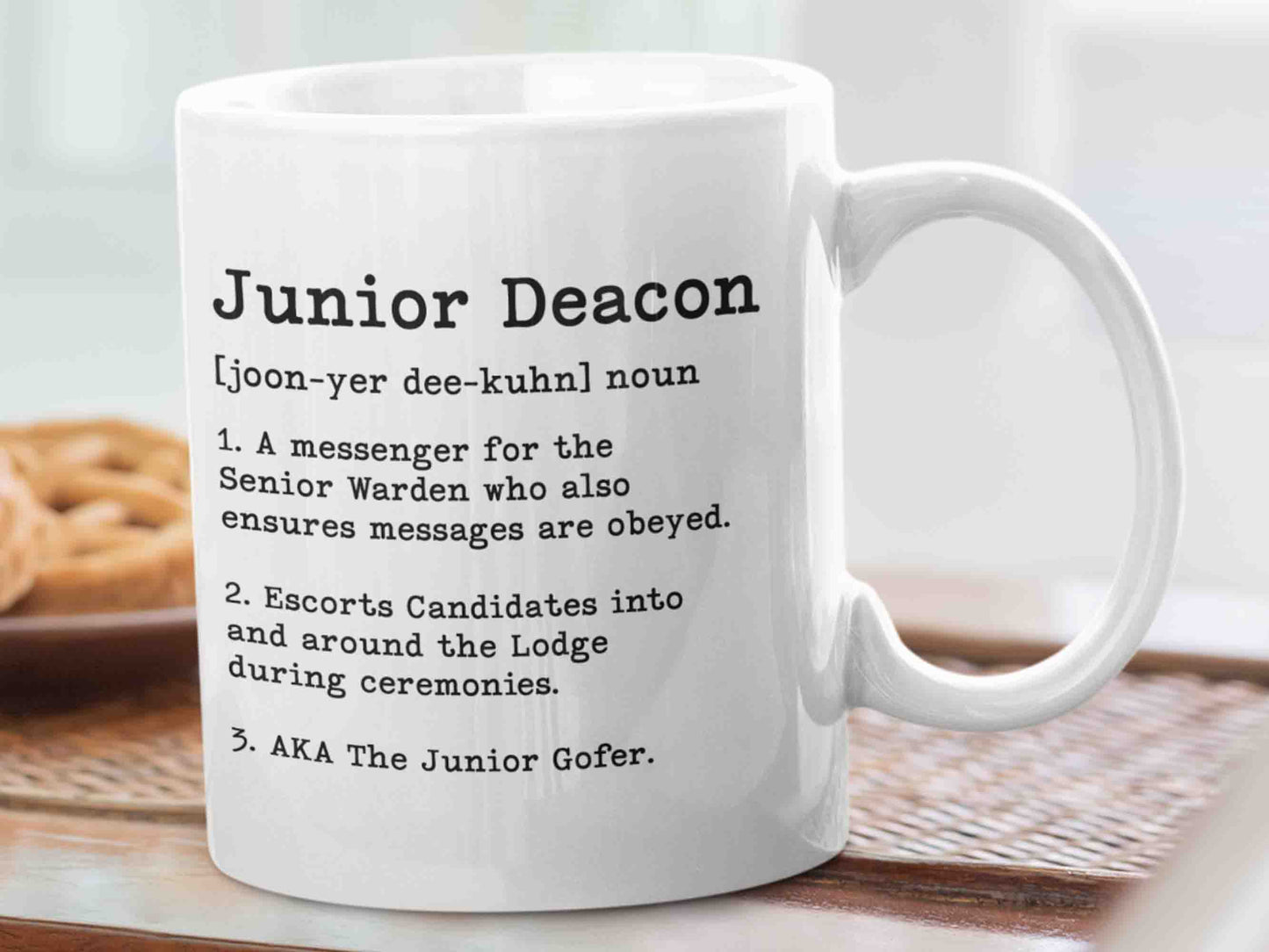 Junior Deacon Dictionary Mug - A humorous take on the role of a Junior Deacon in Freemasonry, perfect for morning coffee or tea