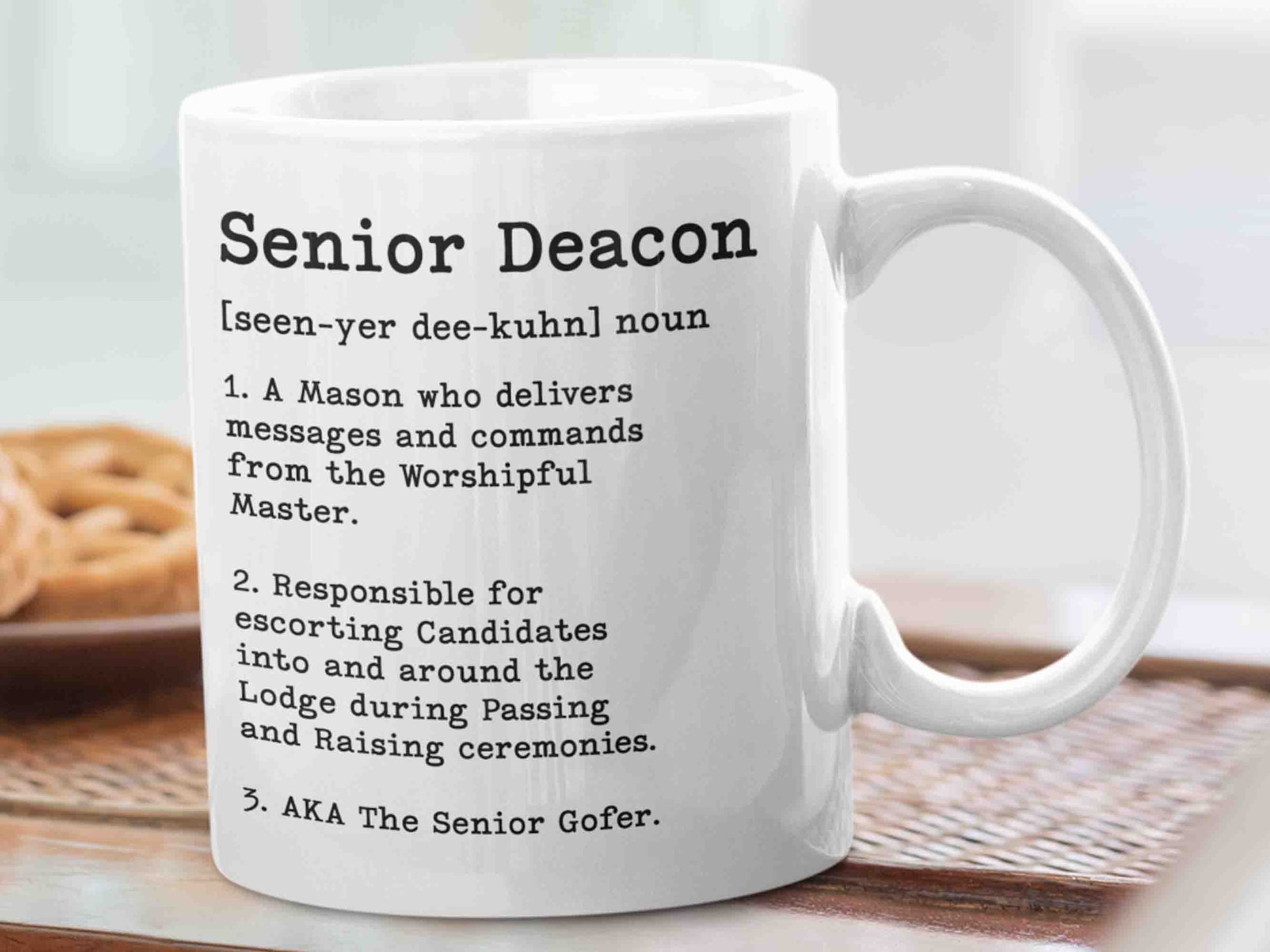 Senior Deacon Dictionary Mug - A humorous take on the role of a Senior Deacon in Freemasonry, perfect for morning coffee or tea