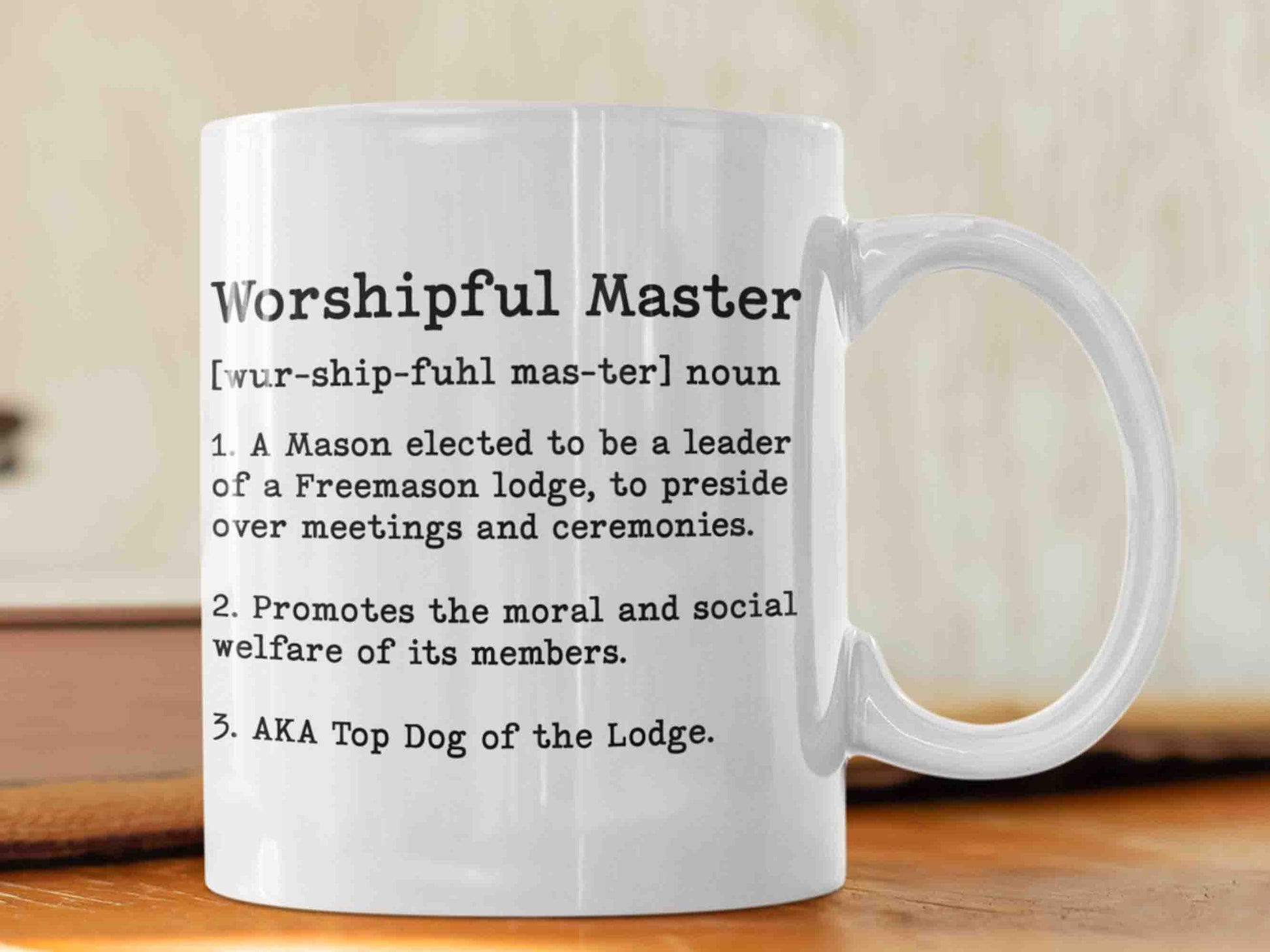 Freemason Worshipful Master Mug - A unique and high-quality ceramic mug with three definitions of the Worshipful Master role, makes a great gift for any Masonic enthusiasts